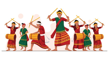 Fototapeta premium Group of men and women performing the bihu dance, wearing traditional colorful attire and playing drums and sticks. vibrant cultural celebration, traditional music and movement.