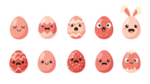 Collection of pink Easter eggs with various cute kawai expression faces and patterns like stripes or polka dots on white.