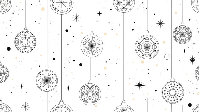 Seamless background pattern featuring delicate black and white line art of hanging Christmas ornaments and small stars.