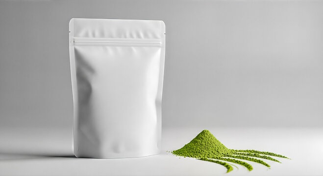 blank white standing pouch bag packaging mockup pile green matcha tea powder grey background organic natural healthy product diet drink concept minimalist design