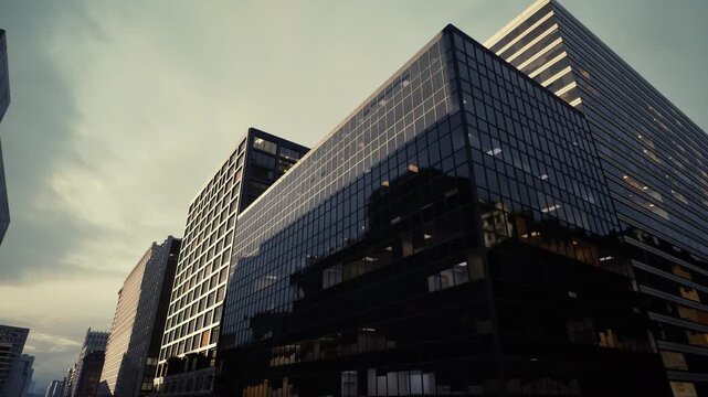glossy glass tower with reflections, mirrored curtain wall multiplies skyline and cloudscape, cool palette and chrome geometry emphasize symmetry, illuminated