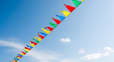 Fototapeta premium Vibrant colorful triangular bunting flags waving against a clear blue sky with soft white clouds during a summer festival.