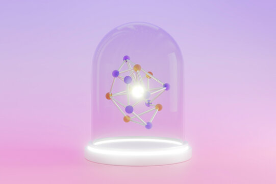 Molecular structure inside glass dome on purple product podium