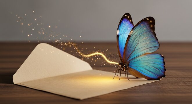 a Blue Morpho butterfly (Morpho peleides) interacting with a glowing envelope, a composition often used in digital art of transformation, freedom, and magic