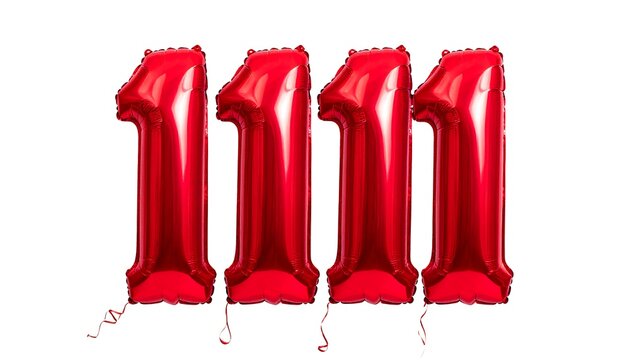 Four metallic red balloons shaped as the number one are arranged to display 1111 on an isolated white background