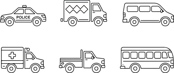 Clean vector illustration collection of six transport vehicles including police ambulance truck van pickup and bus icons © Mehg