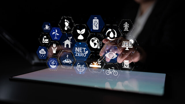 Net zero and sustainability concepts with environmental balance, digital sustainability icons, green energy goals, and eco-conscious digital business transformation for the future. Entice
