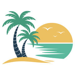 Obraz premium Tranquil sunset scene with palm trees and ocean waves under a golden sun
