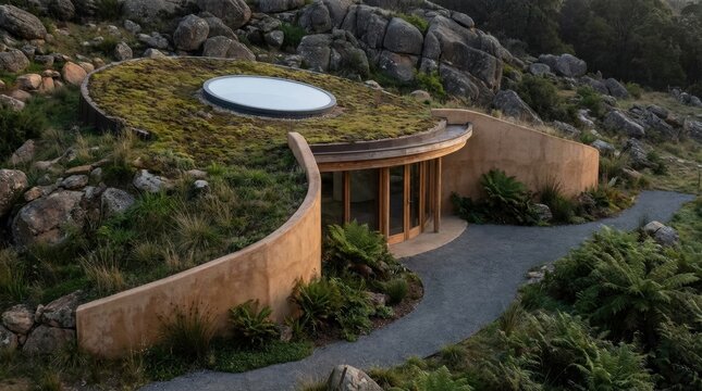 Earth sheltered circular house with living roof, round skylight, earthen walls, and rocky hillside planting, blending ecological architecture with terrain-hugging form and secluded retreat mood