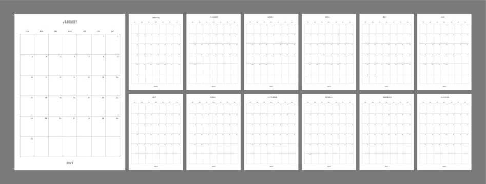 Minimal 2027 calendar vector template with week starting on Sunday. Clean grid monthly layout in editorial style with modern typography. Simple business planner design with all months included.