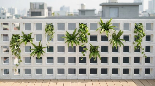 White breeze block rooftop parapet fitted with ferns and trailing vines, merging modular ventilation wall design with lightweight urban planting, clean geometry, and soft city-fringe greenery