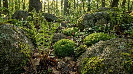 Fototapeta premium Rocky woodland understory with moss cushions, fern fiddleheads, and spring wildflowers, depicting native habitat richness, forest floor texture, and layered biodiversity in soft morning light