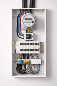 Electrical service panel with analog utility meter breakers and tools representing home maintenance inspection installation and power distribution infrastructure.