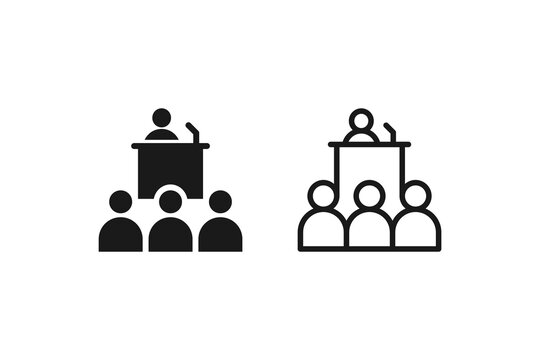 Conference with speaker and audience icons set solid and outline