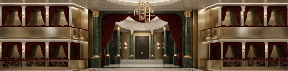 Obraz premium A luxurious opera house interior with grand columns, red drapery, and elegant chandeliers, showcasing opulent architectural design.