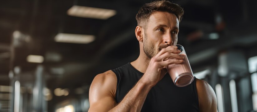 Athletic young man drinking protein shake from blender at the gym