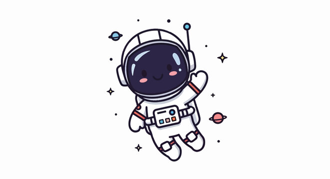 Cute Cartoon Astronaut Floating in Space with Stars and Planets.
