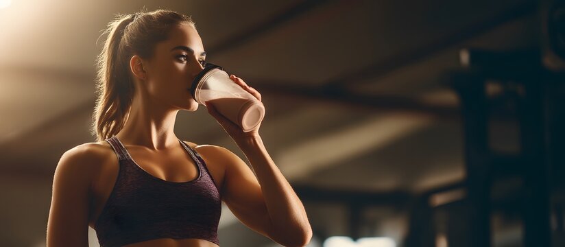 Young woman at the gym drinking a protein shake. Exercise concept. Fitness and healthy lifestyle, sports nutrition