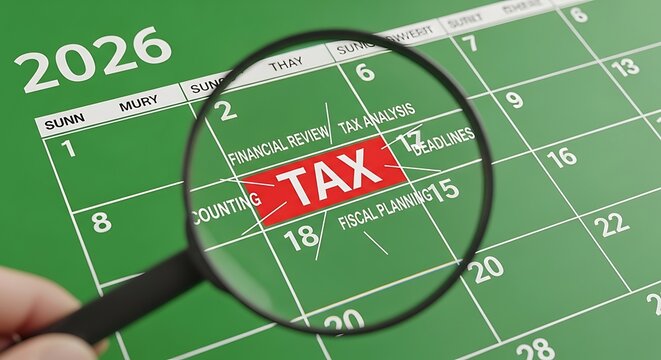 A hand holding a magnifying glass over a 2026 calendar, specifically highlighting the "TAX" deadline on the 15th.