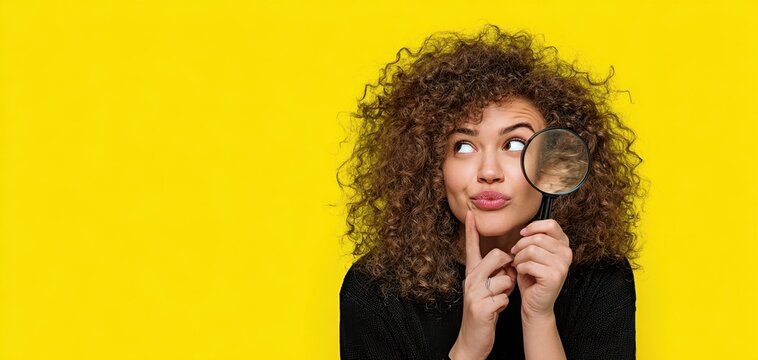 The woman with a magnifying glass inspecting her thoughts against a bright yellow background