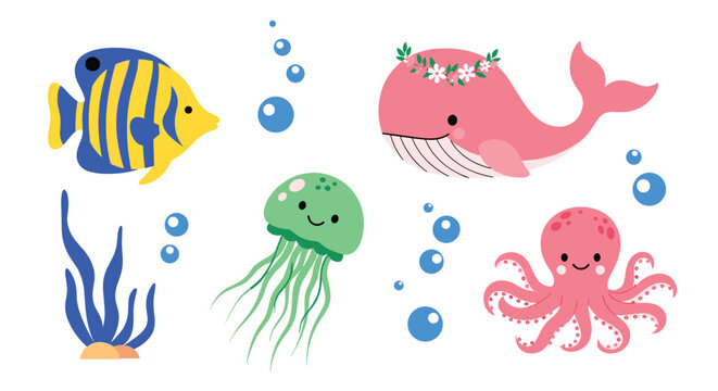 Cute assortment of sea life featuring a yellow fish pink whale green jellyfish and a smiling pink octopus with bubbles.