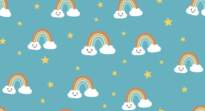 Whimsical seamless pattern featuring colorful rainbows smiling clouds and yellow stars over a blue sky background.