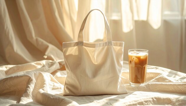 A minimalist composition featuring a plain canvas tote bag and a refreshing iced coffee with ice cubes, set against a soft, neutral backdrop