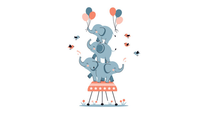 Circus elephant family performing a balancing act on a red stool with colorful balloons, birds, and tiny flowers.