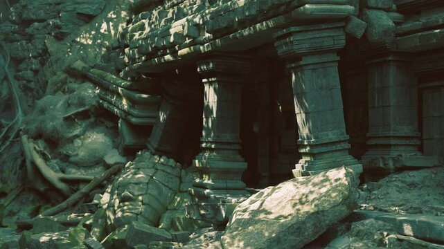 Amidst lush green foliage, crumbled stone structures reveal the remnants of an ancient civilization. The area is overgrown, suggesting centuries of neglect and mystery.