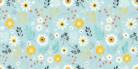 Fototapeta premium Delicate floral pattern with white yellow and orange wildflowers on blue