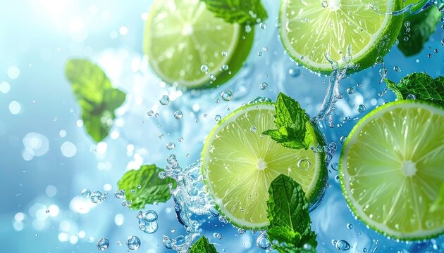 Freshly sliced limes and vibrant mint leaves are suspended in a splash of water, creating a refreshing and visually appealing composition.