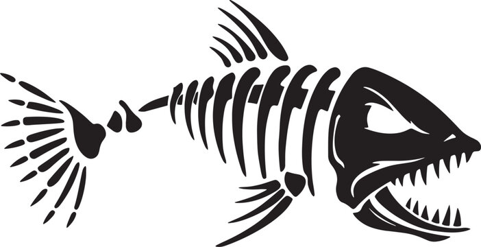 Piranha fish skeleton silhouette black bone structure illustration for fishing gear branding.