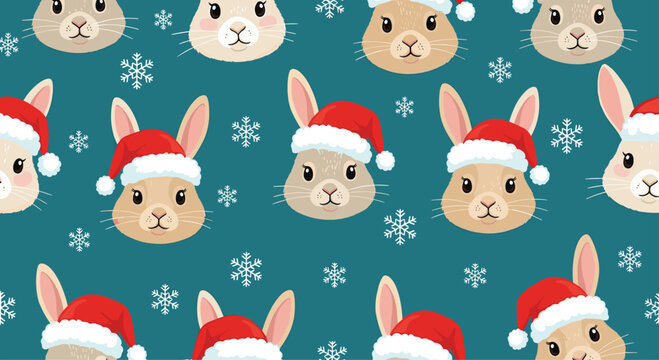 Seamless pattern featuring cute tan rabbit faces wearing red santa hats and surrounded by white snowflakes on blue.