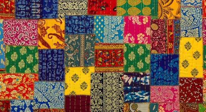 Traditional indian kantha quilt fabric patchwork background with colorful floral and geometric patterns