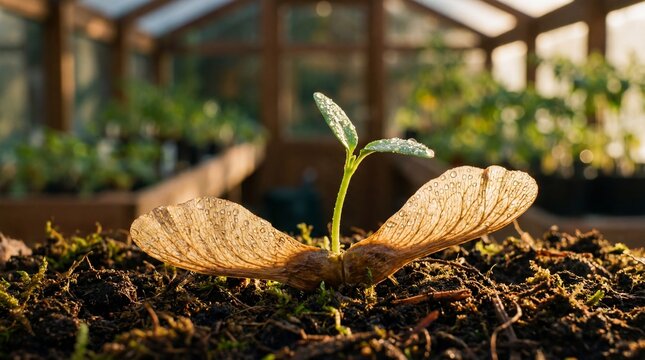 Young maple seedling sprouting from soil in sunlit greenhouse with natural growth concept