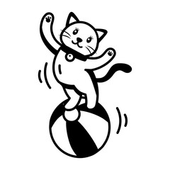 A glyph style icon showing cat balancing on a ball  © Vectors Market