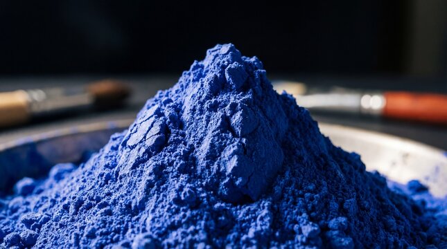 Vibrant blue powder pigment pile on neutral surface with soft lighting for creative projects