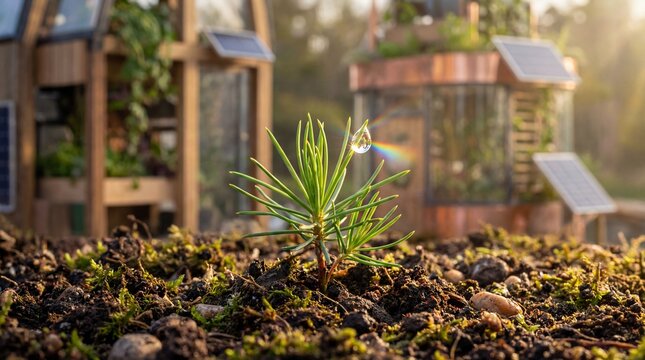 young pine seedling growing in soil with greenhouses
