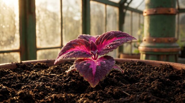 Vibrant pink coleus plant in a greenhouse pot
