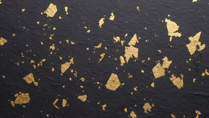 Fototapeta premium Scattered shiny gold leaf flakes beautifully contrasting against a rough textured dark black slate background
