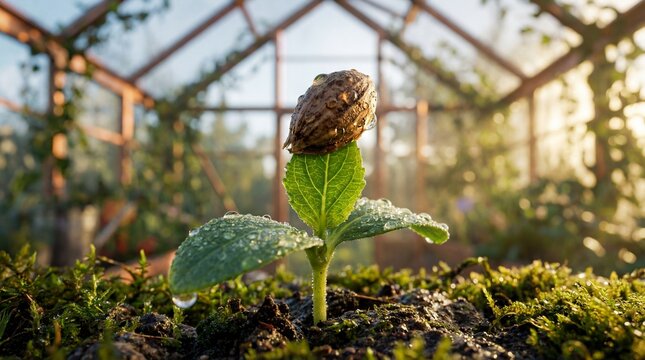 seedling growing in greenhouse with dew drops on leaves