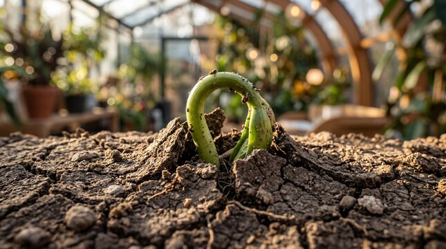 Green snake emerging from cracked soil in lush greenhouse environment