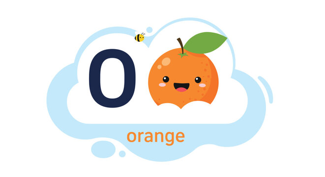 Happy orange fruit character with a smiling face next to a large letter O and a small bee inside a soft blue cloud-shaped frame for kids.
