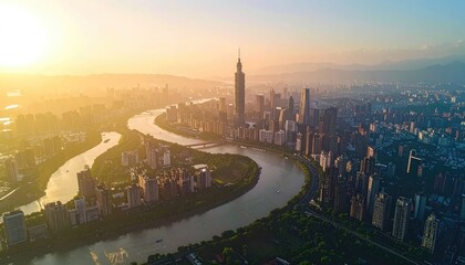 Naklejka premium A breathtaking aerial view showcases a modern city sprawling along a winding river at sunrise.