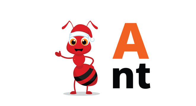 Red ant character wearing a red Santa hat next to the word ant representing an educational holiday theme for children school activities.
