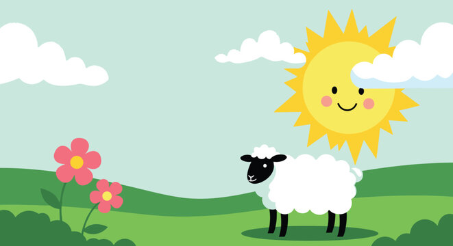 Sweet little sheep standing in a green meadow under a bright smiling sun with clouds and pink flowers in a simple flat vector design for kids.