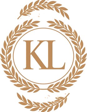 A symmetrical, elegant monogram with initials KL. The letters are inside a laurel wreath design, in shades of brown
