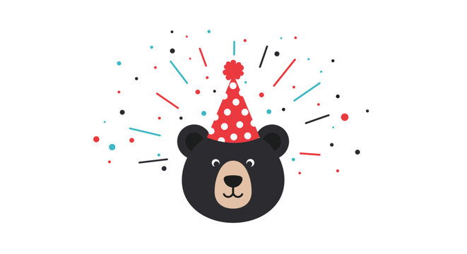 Happy black bear head wearing a red and white polka dot party hat with colorful confetti and streamers exploding in the background for a bash.