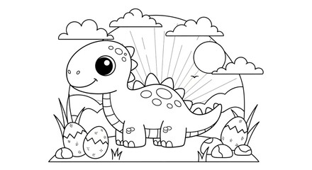 Cute Baby Dinosaur Coloring Page for Kids, Cartoon Prehistoric Landscape with Hatching Eggs and Sun, Black and White Line Art Illustration © upin