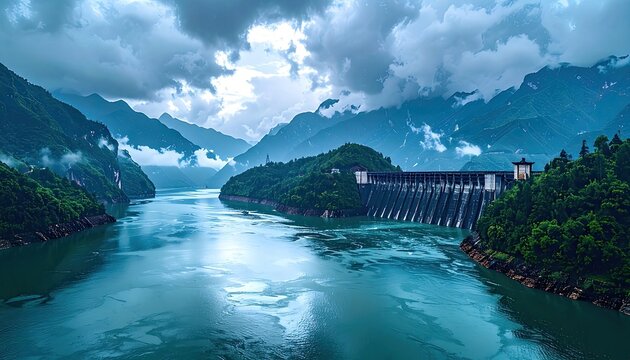A stunning landscape showcases a reservoir dammed by a massive structure nestled between lush green mountains under a dramatic cloudy sky, creating a picturesque scene of engineering.